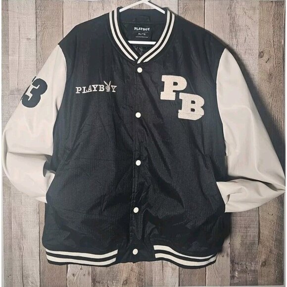 Playboy Varsity Jacket Mens Large XL Black White Long Sleeve Logo Bunny Graphic - Picture 5 of 11